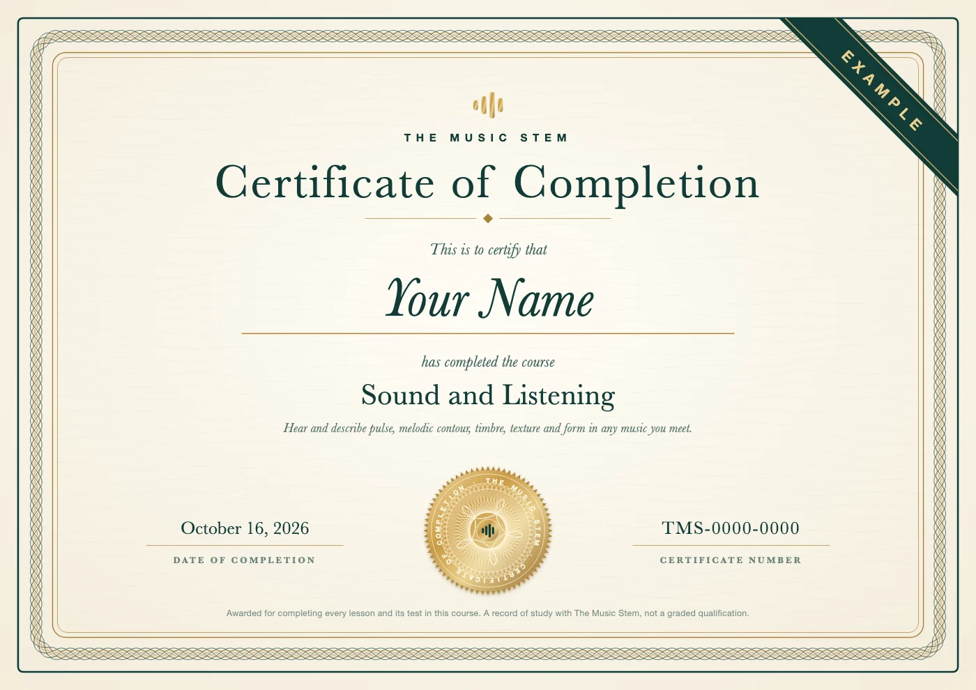 An example Certificate of Completion from The Music Stem