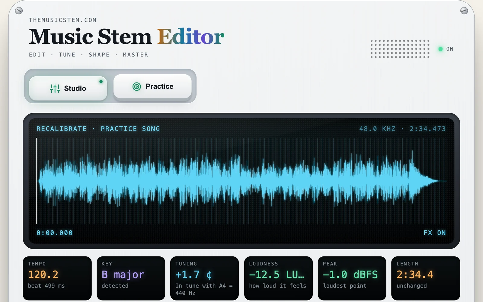 The Music Stem Editor with a practice song open