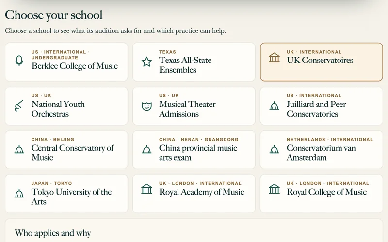 The school chooser in The Music Stem audition practice with UK Conservatoires marked